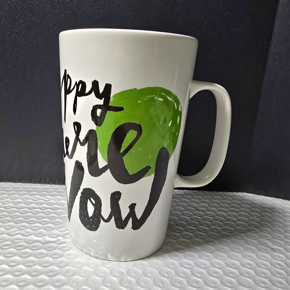 Starbucks White Ceramic Coffee Mug Green Apple Graphic "Happy Here and Now" 16oz